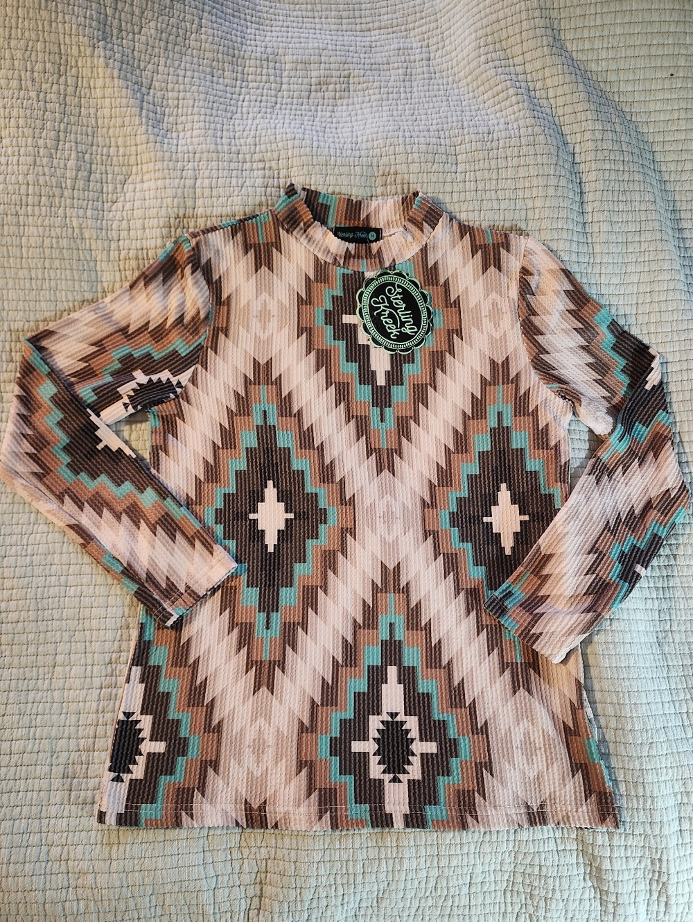 Sterling Kreek Aztec Pattern Long Sleeve Top in Teal, Brown & Cream